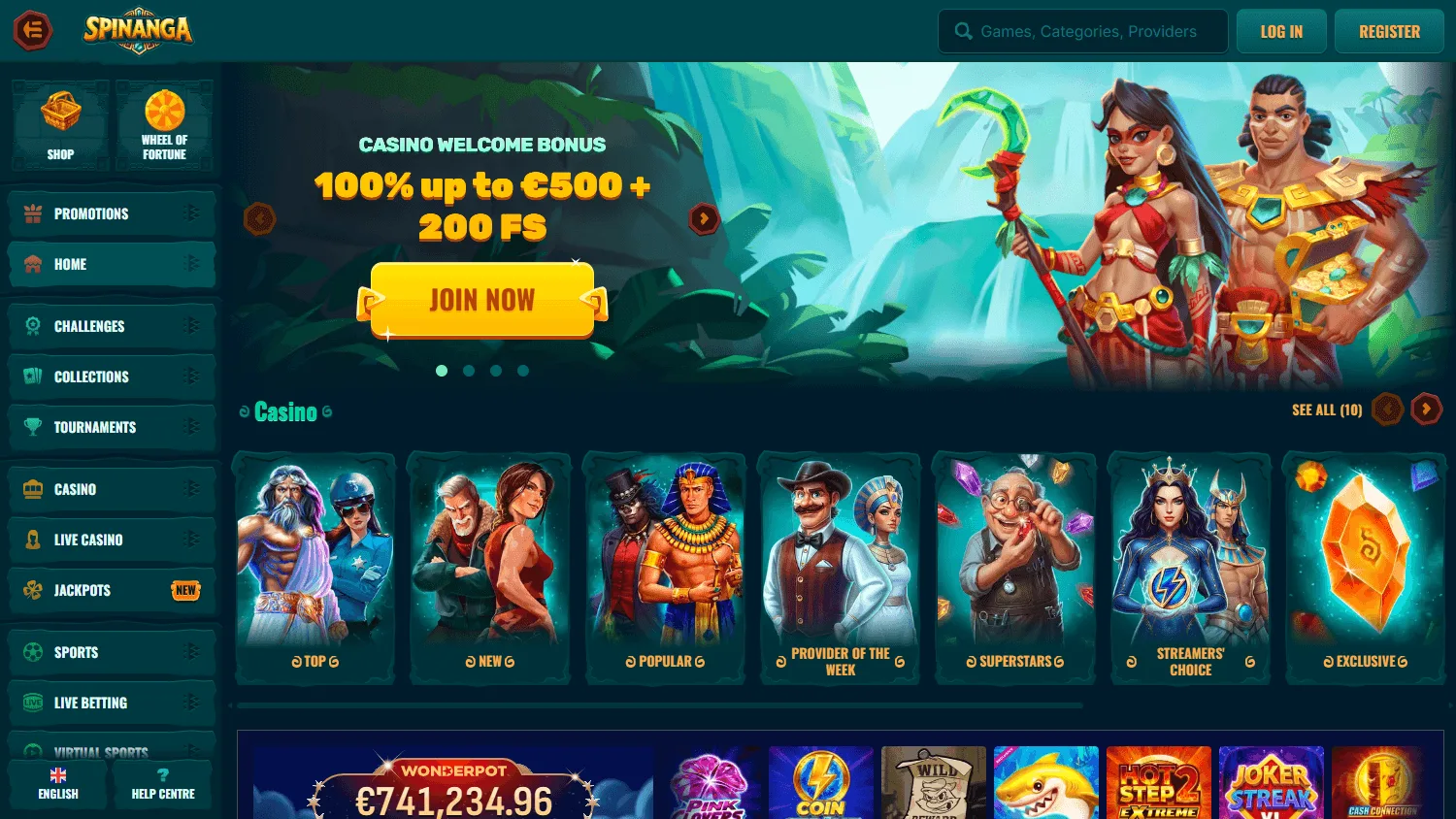 Spinanga Casino home interface on desktop