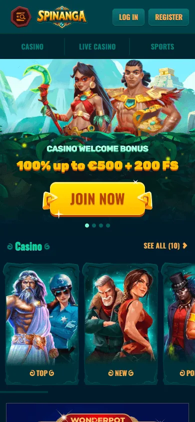 Spinanga Casino home interface on a mobile browser