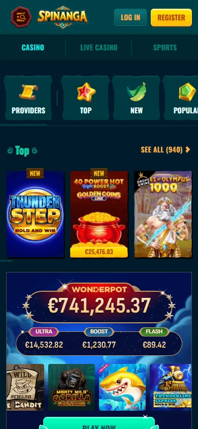 Spinanga Casino games interface on a mobile browser