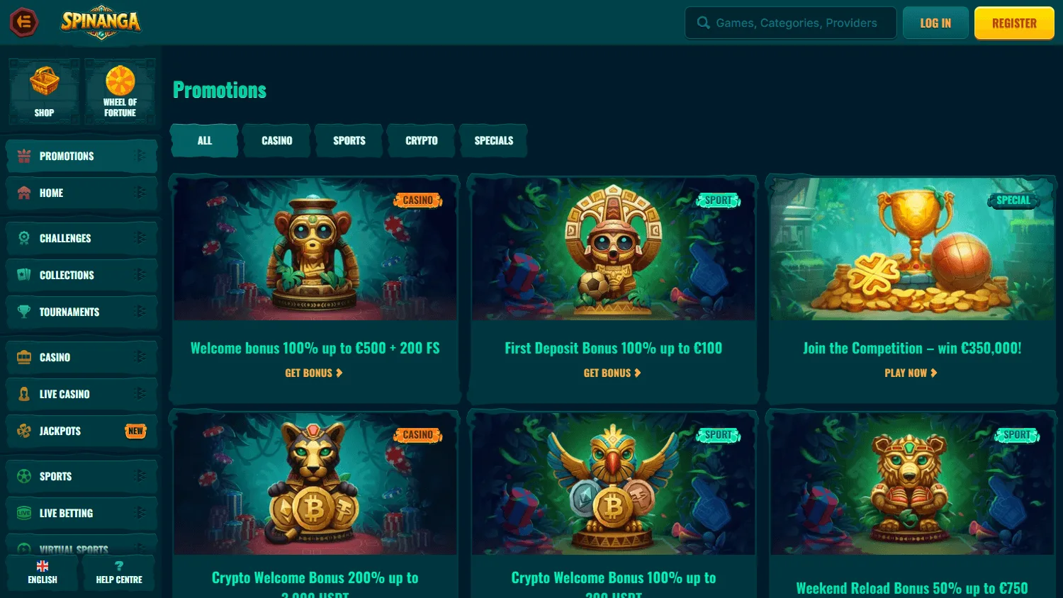 Spinanga Casino promotions interface on desktop