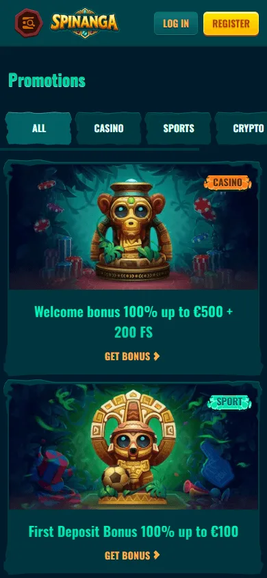 Spinanga Casino promotions interface on a mobile browser