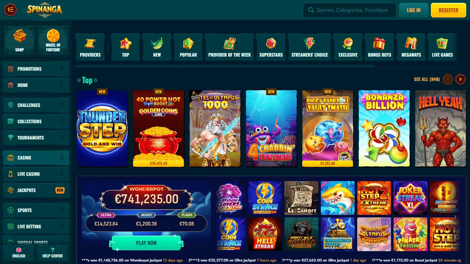 Spinanga Casino games interface on desktop